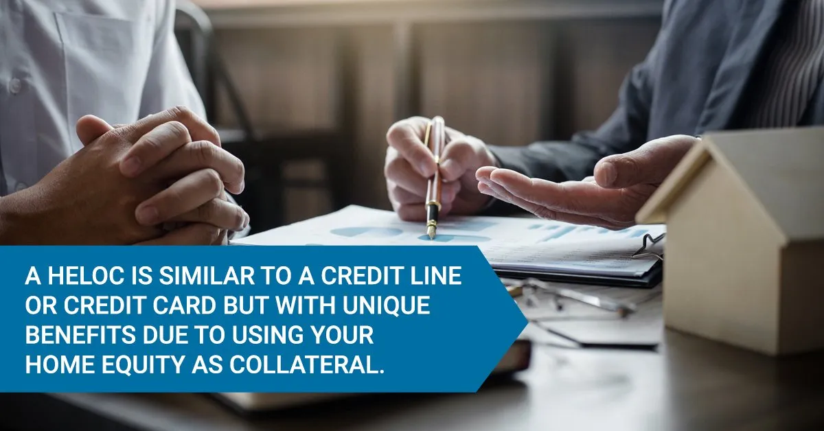 A HELOC is similar to a credit line or credit vellum but with unique benefits due to using your home probity as collateral.